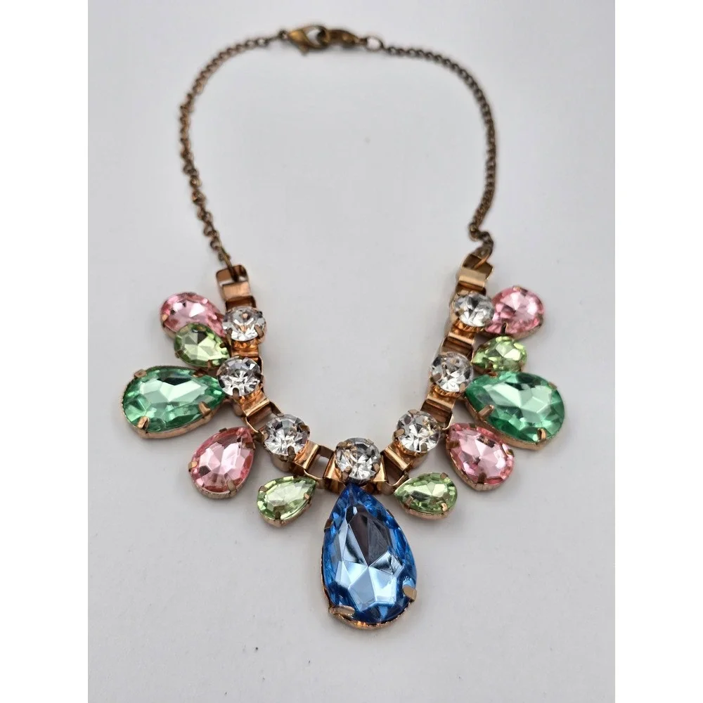 Multicolor‎ Statement Bib Necklace Gold Tone Teardrop Round Faceted Rhinestone